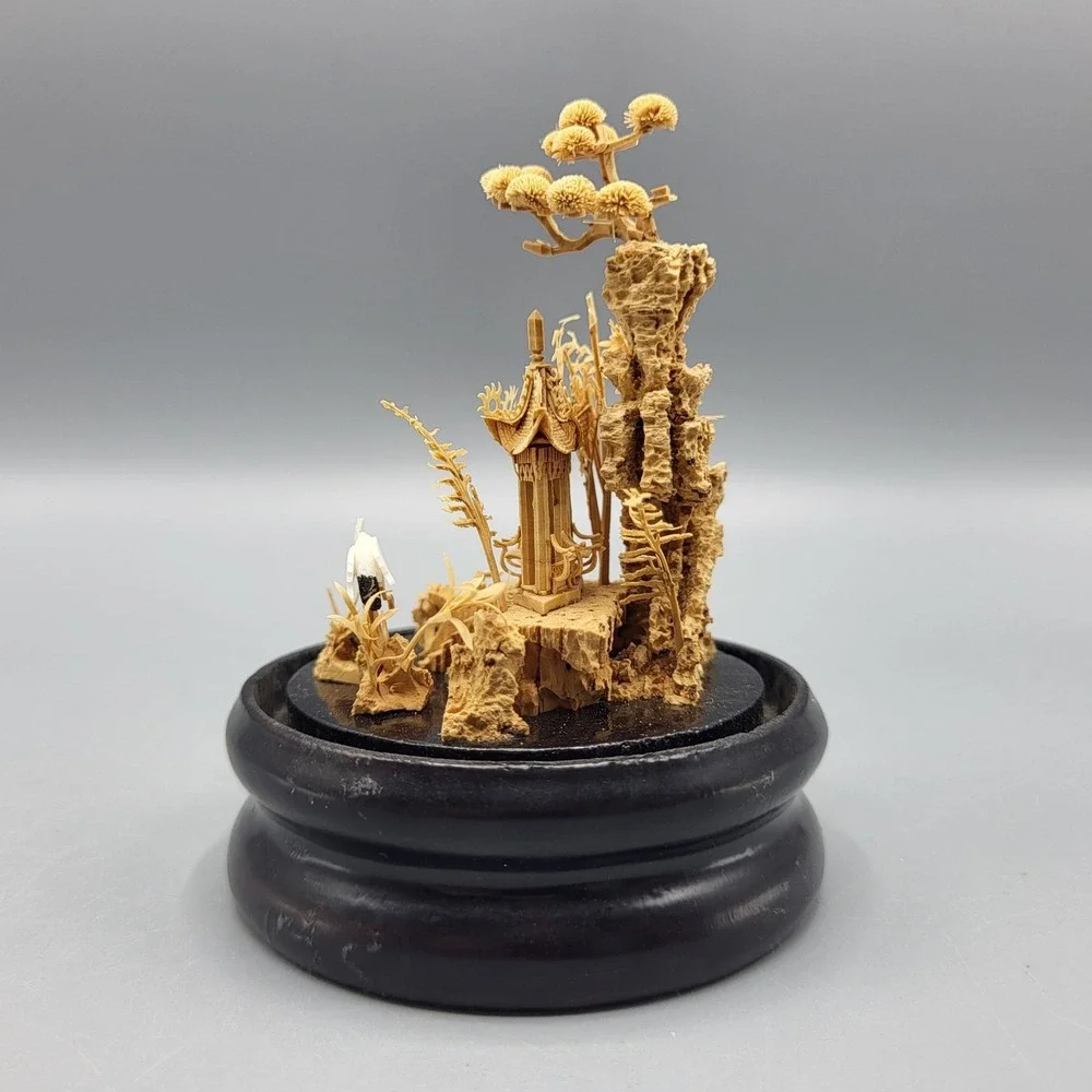 Vtg Chinese Carved Cork Diorama Glass Dome Dark Wood Base Small Shelf Decor READ